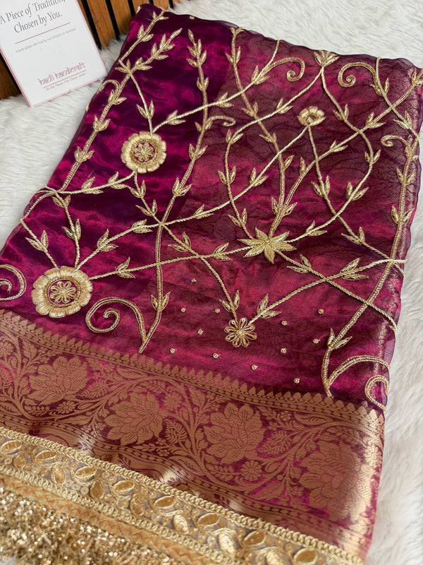 Wine Red Pure Tissue Silk Banarasi Saree with Zardozi Dabka Handwork
