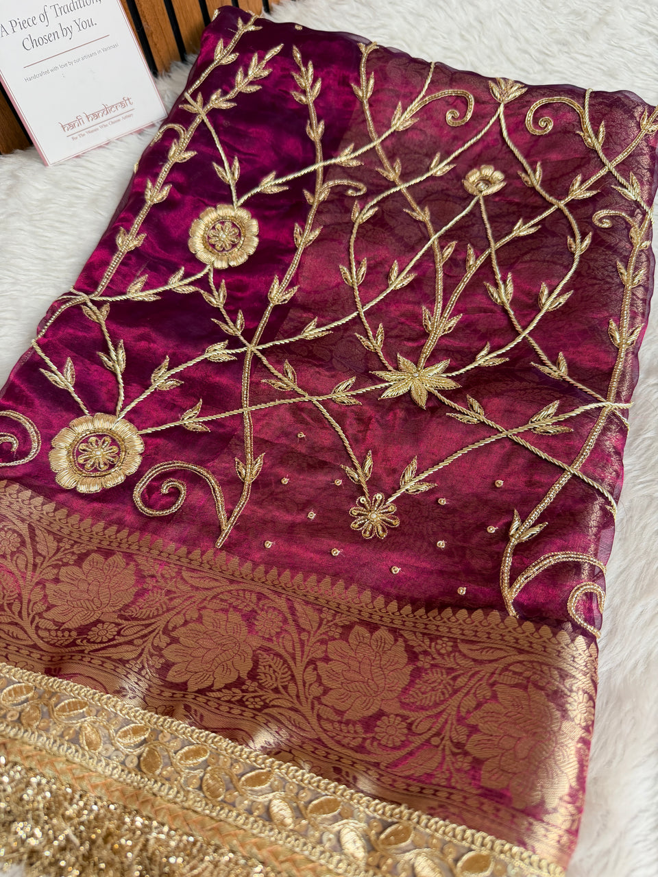 Wine Red Pure Tissue Silk Banarasi Saree with Zardozi Dabka Handwork