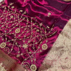 Wine Red Pure Tissue Silk Banarasi Saree with Zardozi Dabka Handwork