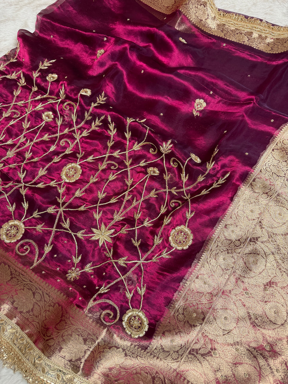 Wine Red Pure Tissue Silk Banarasi Saree with Zardozi Dabka Handwork
