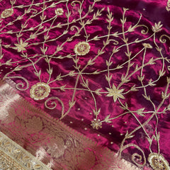 Wine Red Pure Tissue Silk Banarasi Saree with Zardozi Dabka Handwork