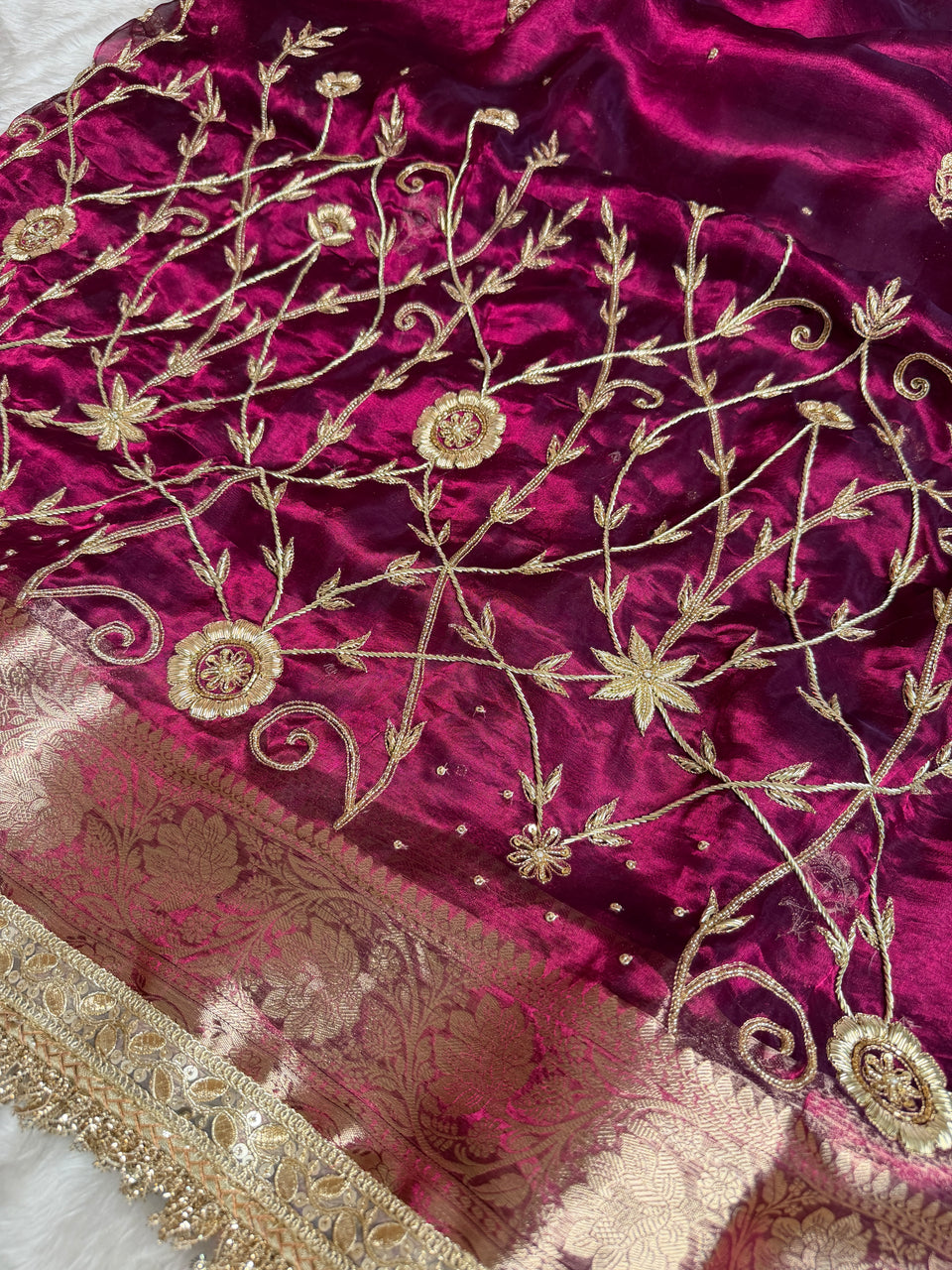 Wine Red Pure Tissue Silk Banarasi Saree with Zardozi Dabka Handwork