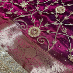 Wine Red Pure Tissue Silk Banarasi Saree with Zardozi Dabka Handwork