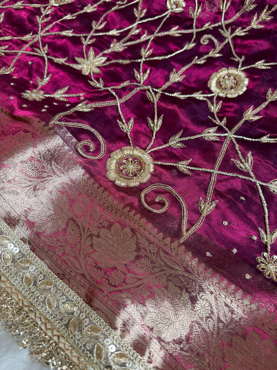 Wine Red Pure Tissue Silk Banarasi Saree with Zardozi Dabka Handwork