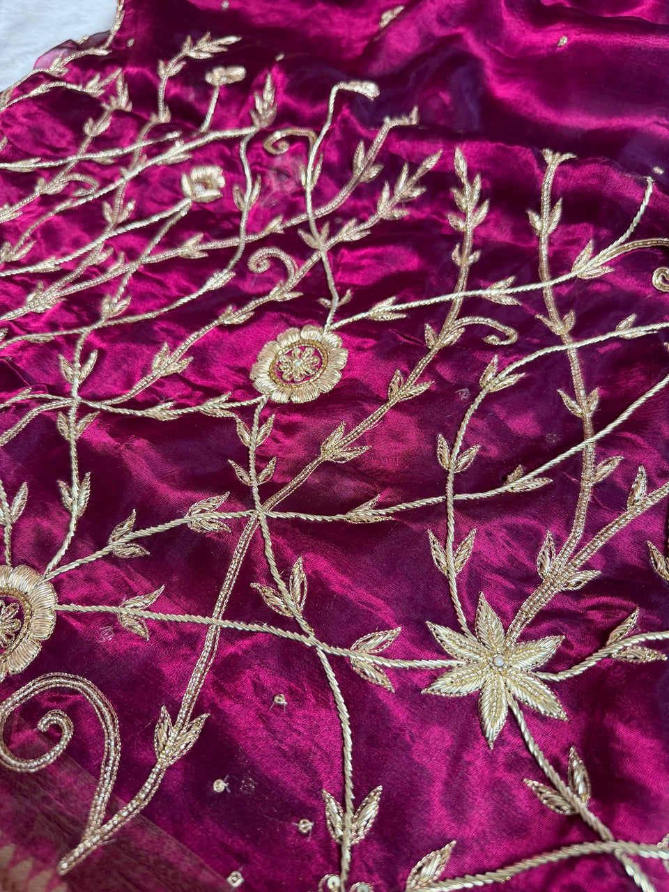 Wine Red Pure Tissue Silk Banarasi Saree with Zardozi Dabka Handwork