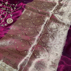 Wine Red Pure Tissue Silk Banarasi Saree with Zardozi Dabka Handwork