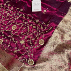Wine Red Pure Tissue Silk Banarasi Saree with Zardozi Dabka Handwork