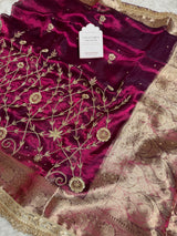 Wine Red Pure Tissue Silk Banarasi Saree with Zardozi Dabka Handwork