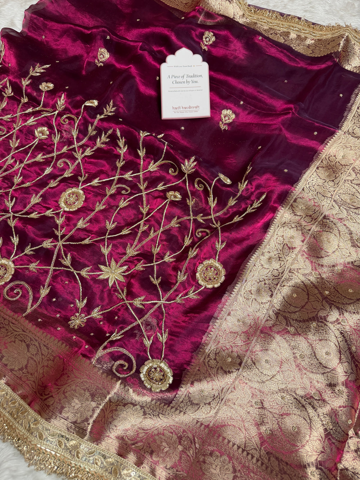Wine Red Pure Tissue Silk Banarasi Saree with Zardozi Dabka Handwork