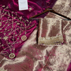 Wine Red Pure Tissue Silk Banarasi Saree with Zardozi Dabka Handwork
