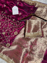 Wine Red Pure Tissue Silk Banarasi Saree with Zardozi Dabka Handwork