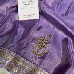 Imperial Lavender Handwork Zardozi Katdana Shimmery Tissue Silk Saree