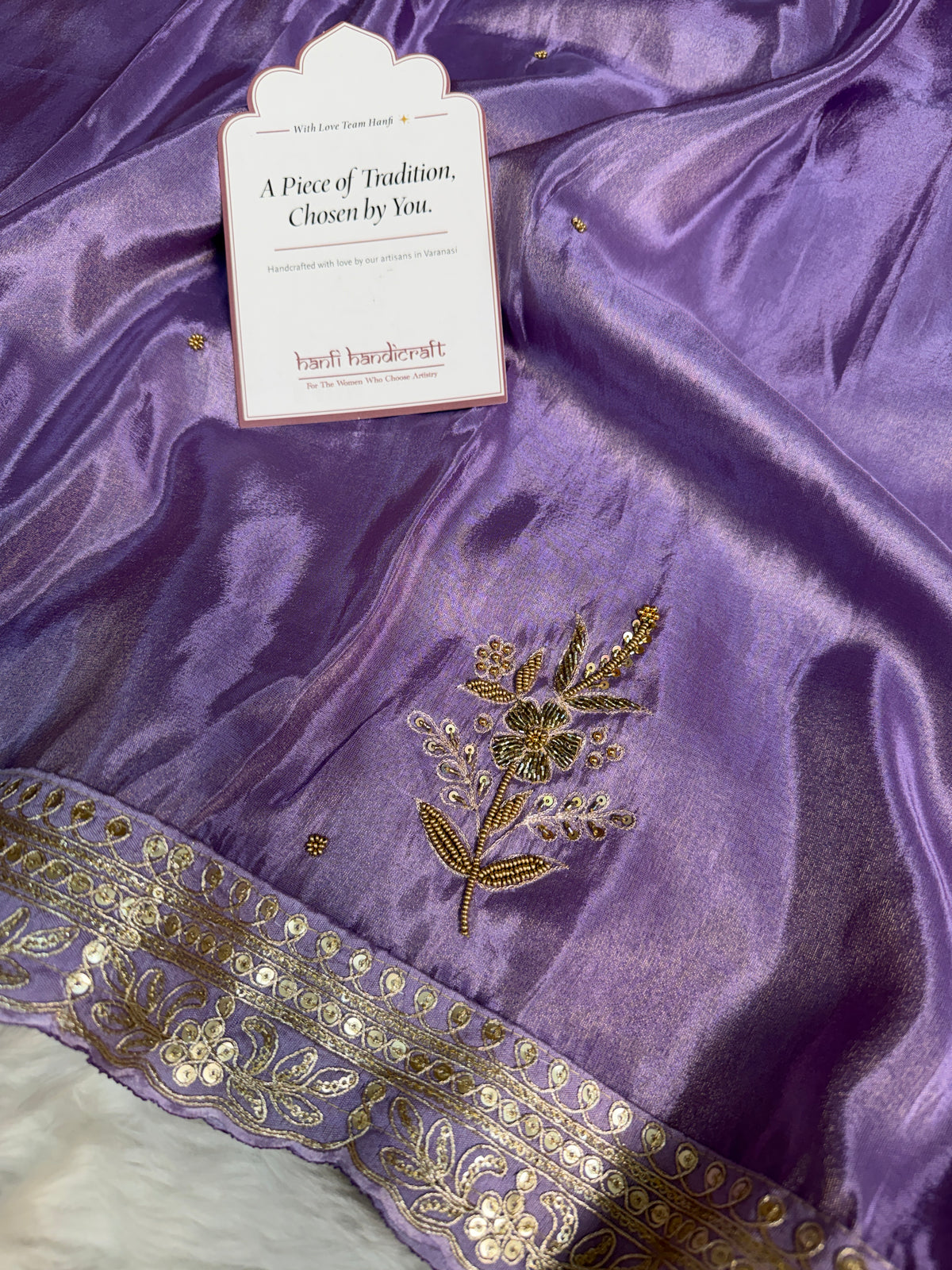 Imperial Lavender Handwork Zardozi Katdana Shimmery Tissue Silk Saree