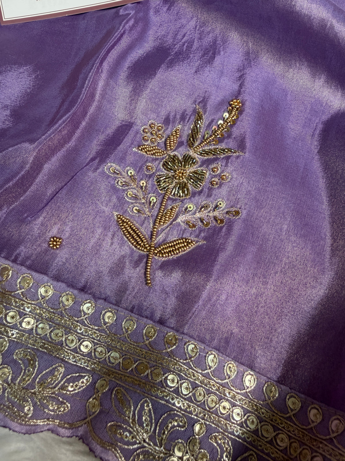 Imperial Lavender Handwork Zardozi Katdana Shimmery Tissue Silk Saree