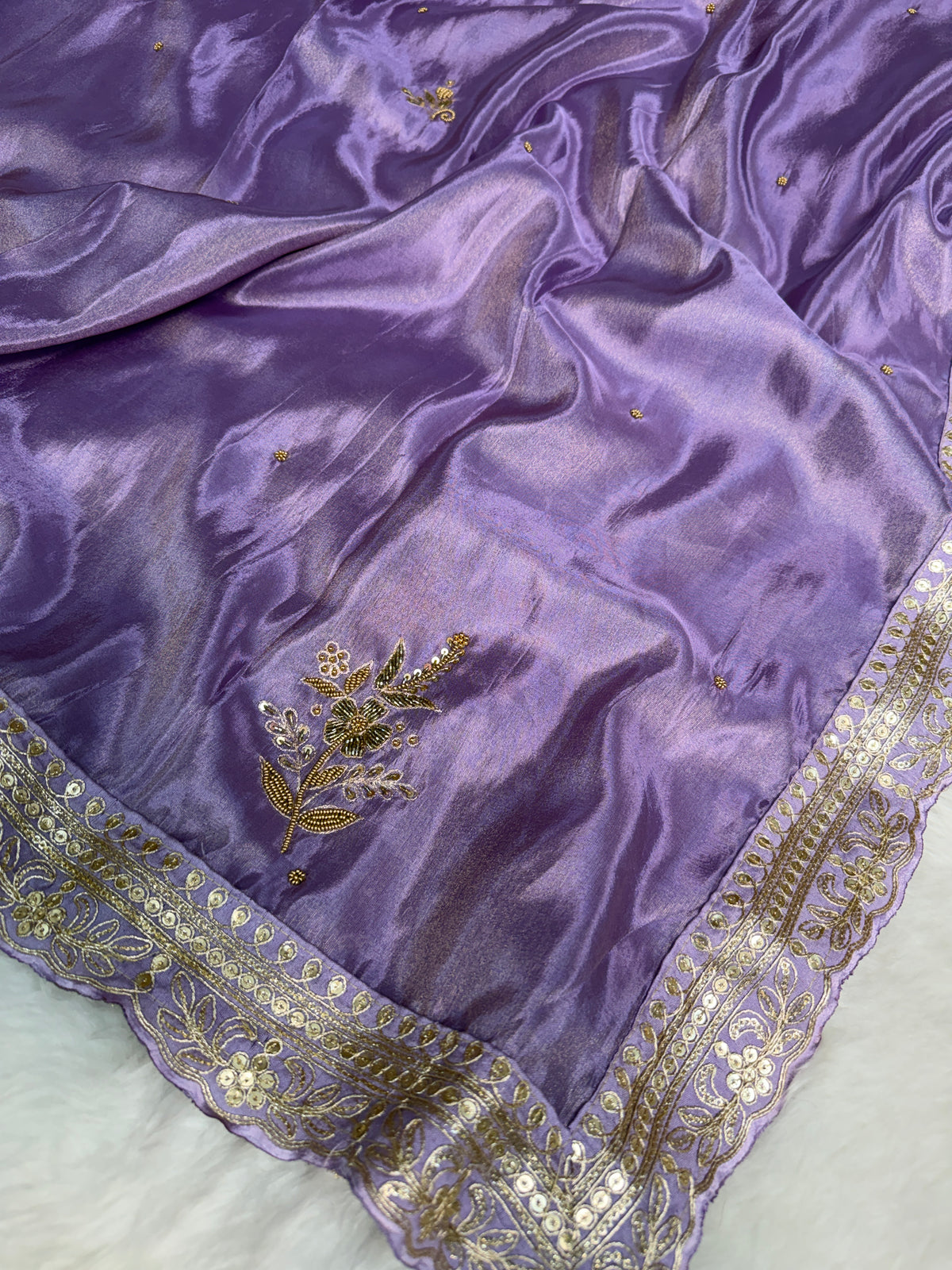 Imperial Lavender Handwork Zardozi Katdana Shimmery Tissue Silk Saree