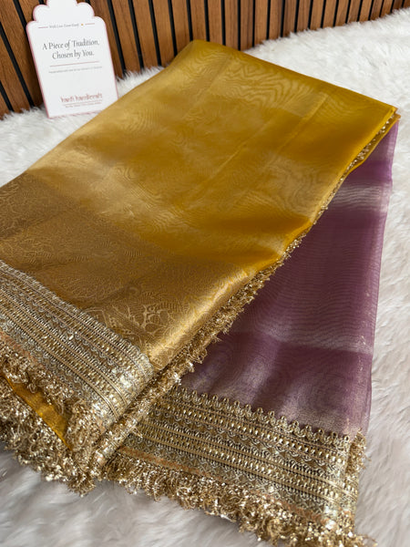 Dual Shade Lavender Gold Maharani Tissue Silk Saree