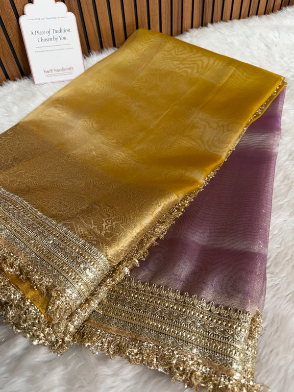 Dual Shade Lavender Gold Maharani Tissue Silk Saree