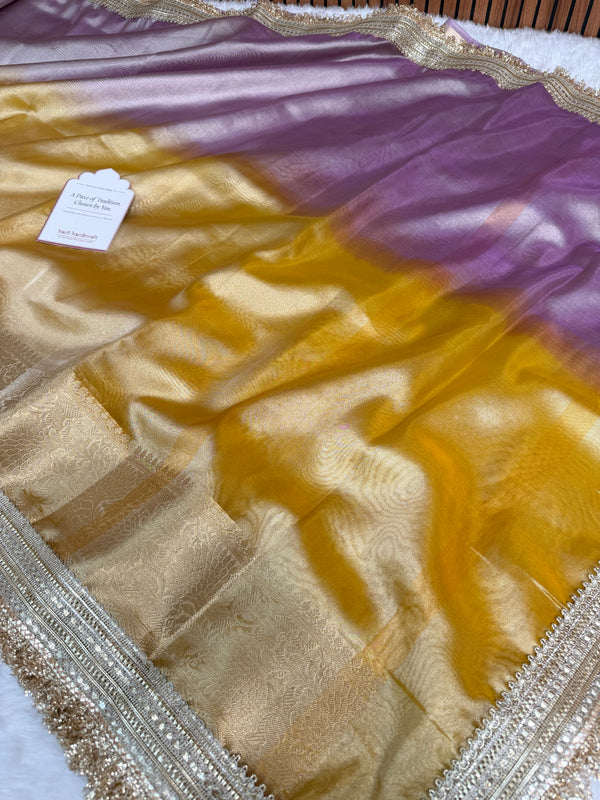 Dual Shade Lavender Gold Maharani Tissue Silk Saree