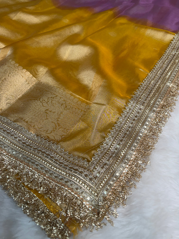 Dual Shade Lavender Gold Maharani Tissue Silk Saree