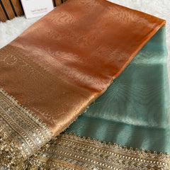 Dual Shade Sea Green Orange Maharani Tissue Silk Saree