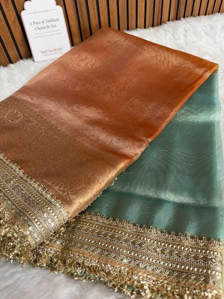 Dual Shade Sea Green Orange Maharani Tissue Silk Saree