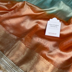Dual Shade Sea Green Orange Maharani Tissue Silk Saree