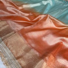 Dual Shade Sea Green Orange Maharani Tissue Silk Saree