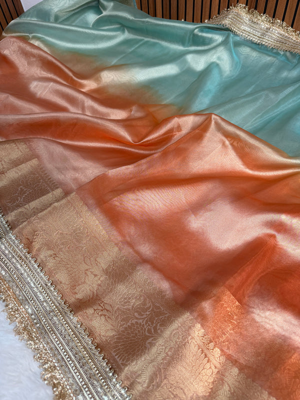Dual Shade Sea Green Orange Maharani Tissue Silk Saree