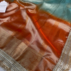 Dual Shade Sea Green Orange Maharani Tissue Silk Saree