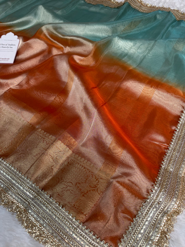 Dual Shade Sea Green Orange Maharani Tissue Silk Saree