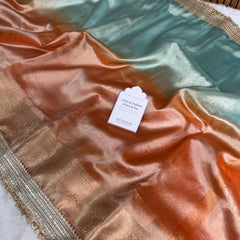 Dual Shade Sea Green Orange Maharani Tissue Silk Saree