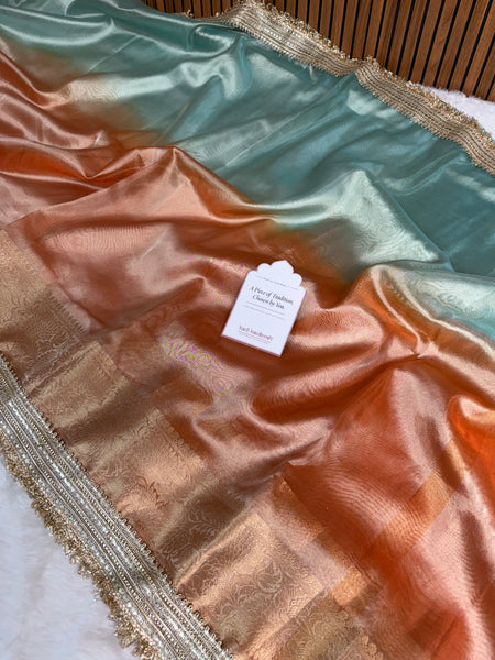 Dual Shade Sea Green Orange Maharani Tissue Silk Saree