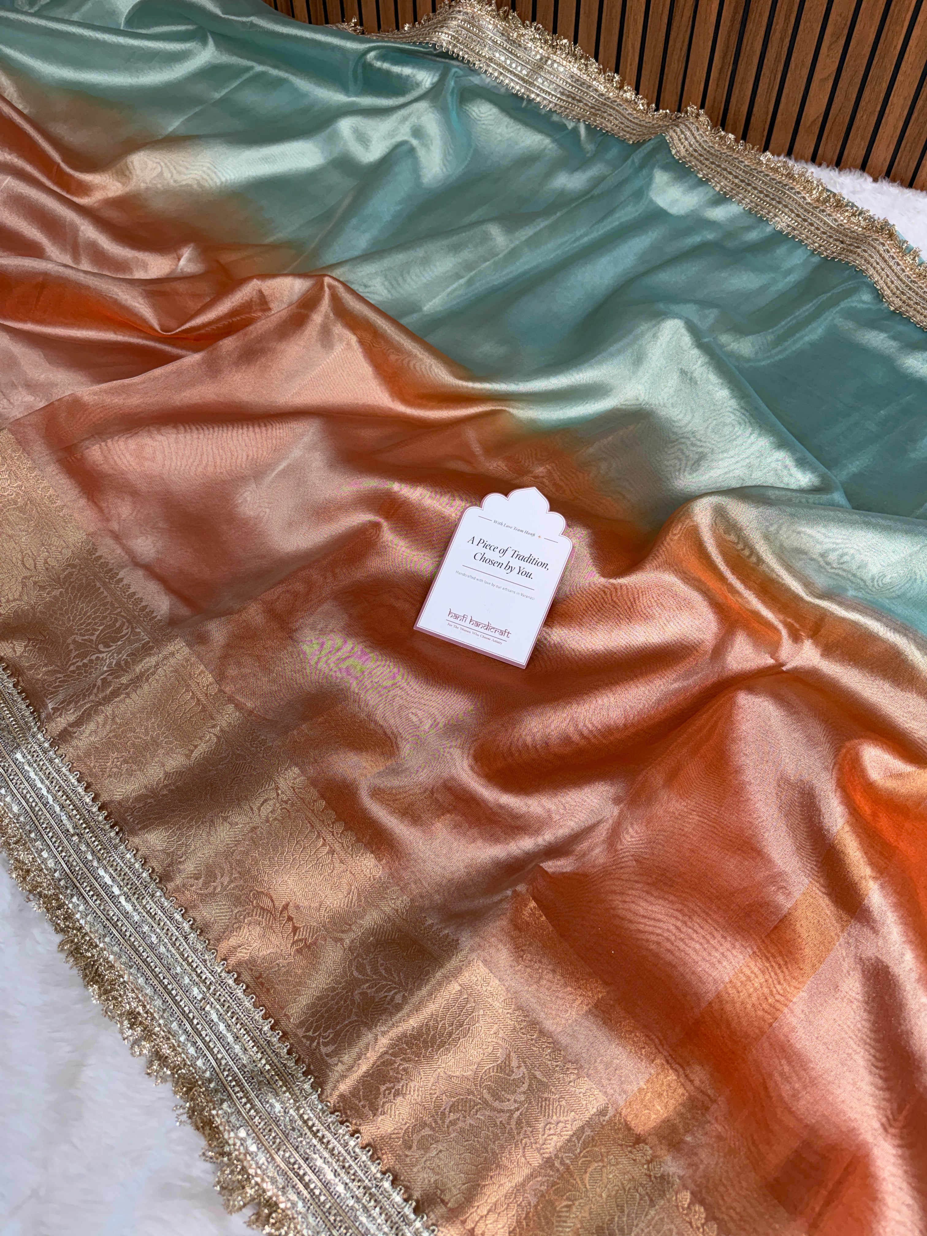 Dual Shade Sea Green Orange Maharani Tissue Silk Saree