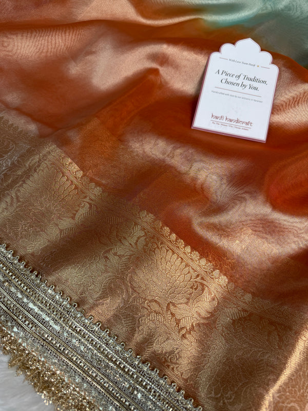 Dual Shade Sea Green Orange Maharani Tissue Silk Saree