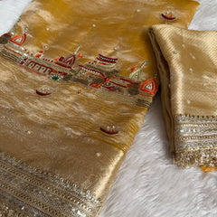 Golden Banarasi Ghat Hand Zardozi Pure Tissue Silk Saree