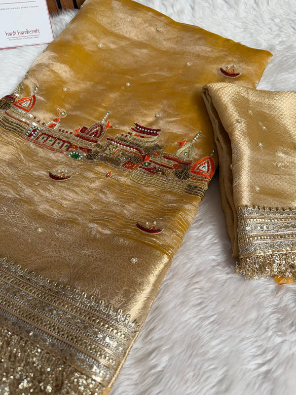 Golden Banarasi Ghat Hand Zardozi Pure Tissue Silk Saree