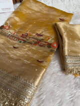 Golden Banarasi Ghat Hand Zardozi Pure Tissue Silk Saree
