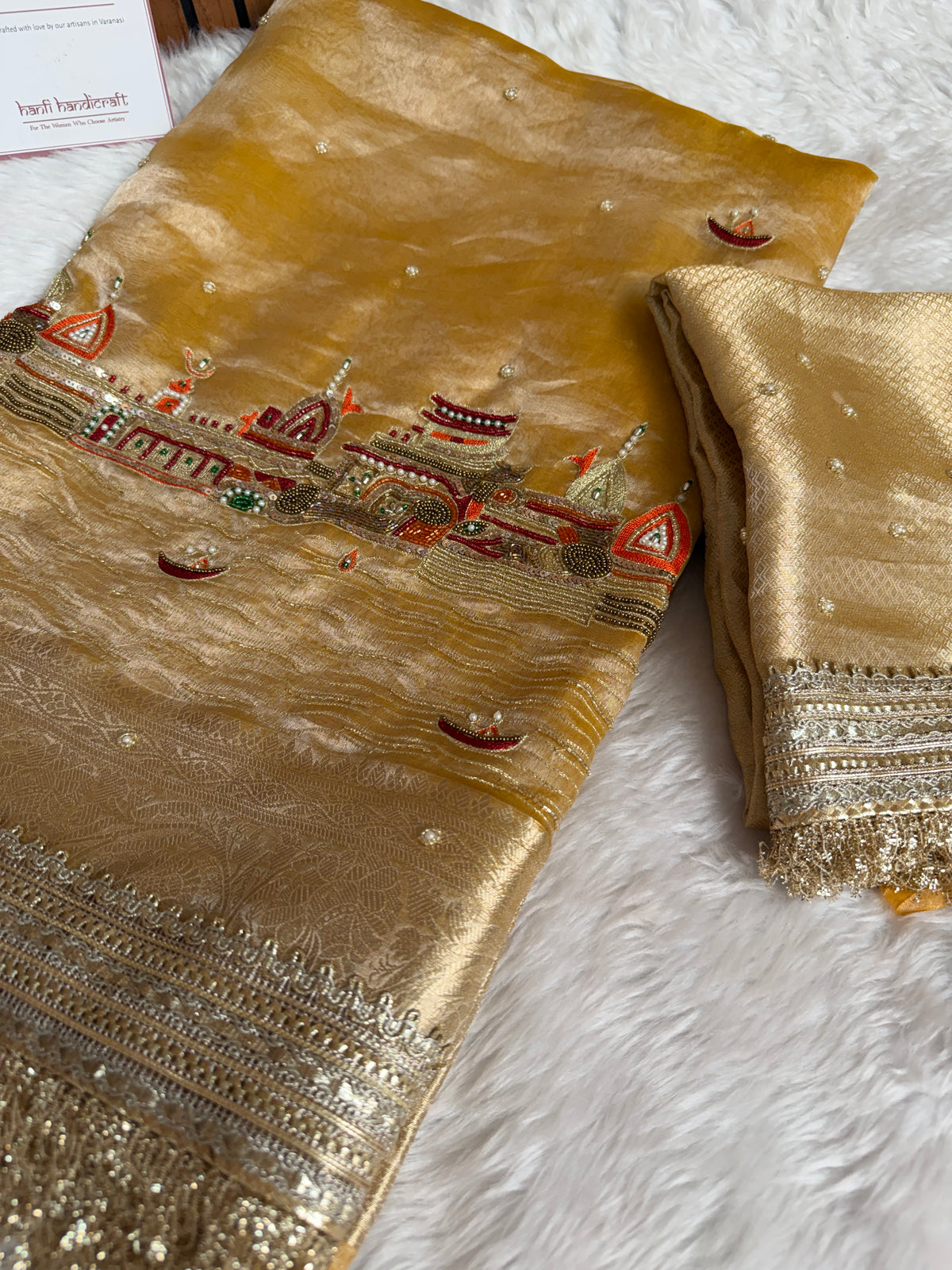 Golden Banarasi Ghat Hand Zardozi Pure Tissue Silk Saree