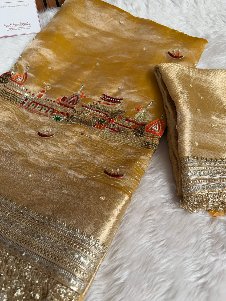 Golden Banarasi Ghat Hand Zardozi Pure Tissue Silk Saree
