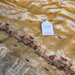 Golden Banarasi Ghat Hand Zardozi Pure Tissue Silk Saree