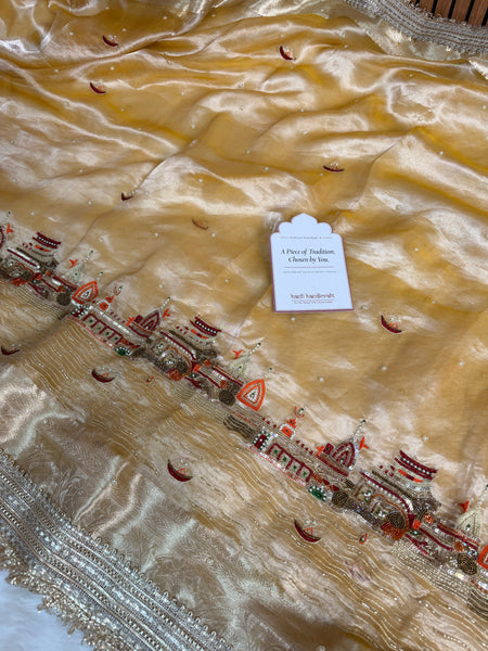 Golden Banarasi Ghat Hand Zardozi Pure Tissue Silk Saree