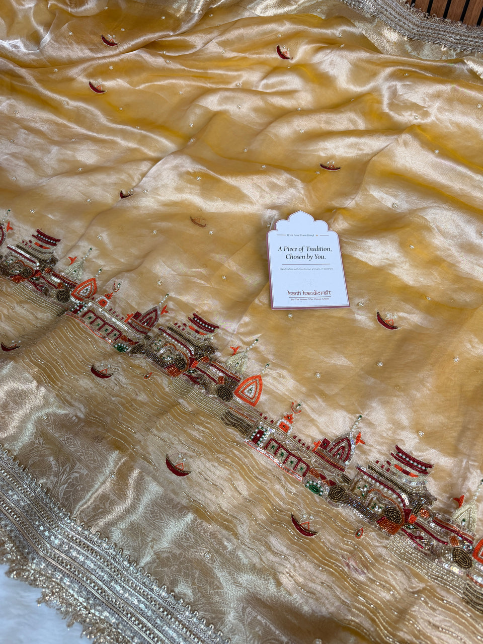 Golden Banarasi Ghat Hand Zardozi Pure Tissue Silk Saree