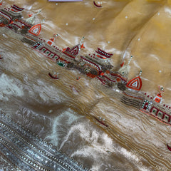 Golden Banarasi Ghat Hand Zardozi Pure Tissue Silk Saree