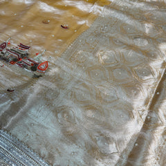 Golden Banarasi Ghat Hand Zardozi Pure Tissue Silk Saree