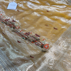 Golden Banarasi Ghat Hand Zardozi Pure Tissue Silk Saree