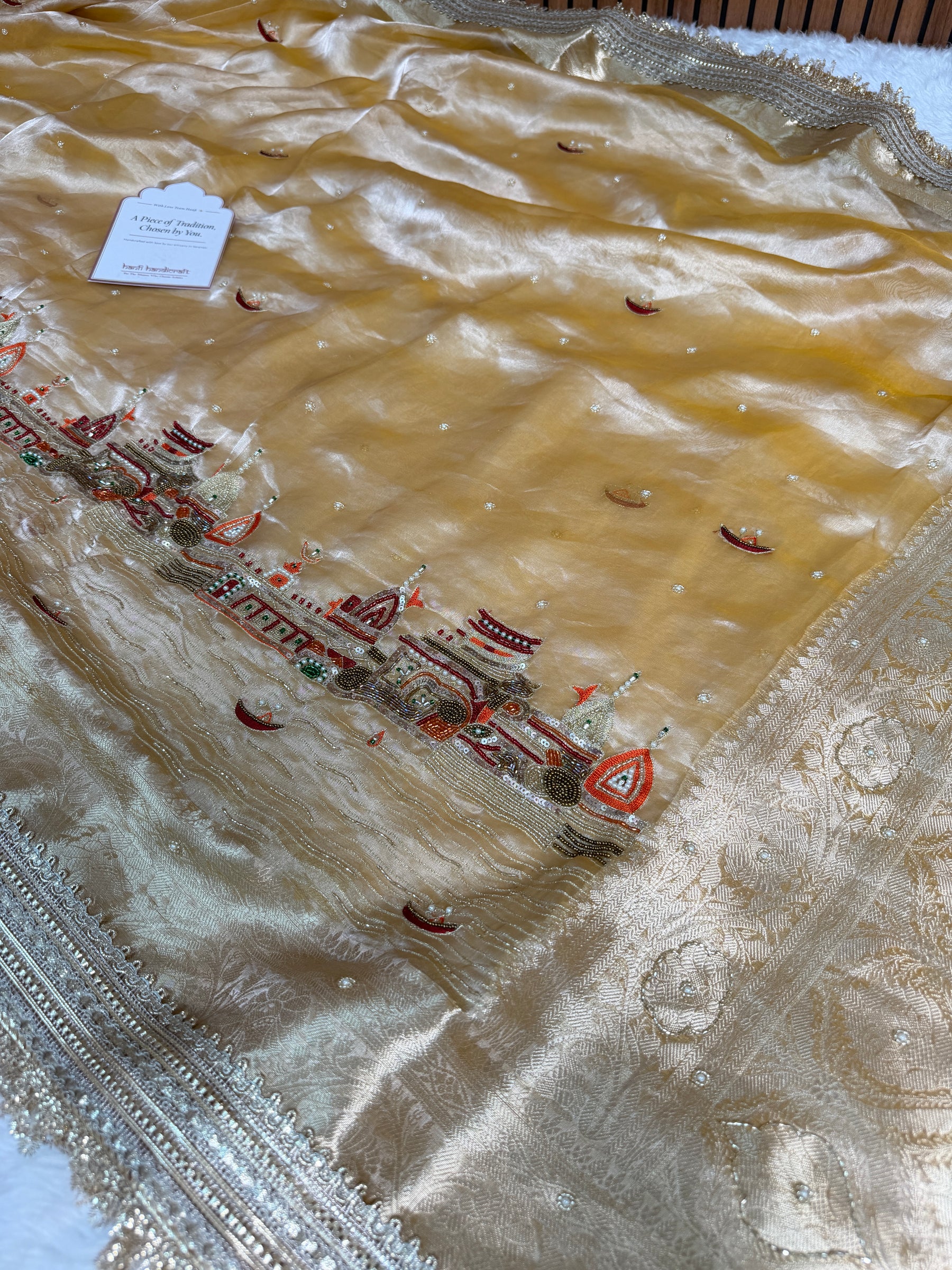 Golden Banarasi Ghat Hand Zardozi Pure Tissue Silk Saree