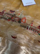 Golden Banarasi Ghat Hand Zardozi Pure Tissue Silk Saree