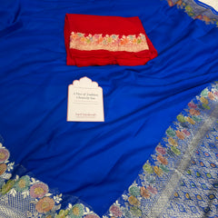Royal Blue Pure Khaddi Chiffon Handloom Banarasi Saree