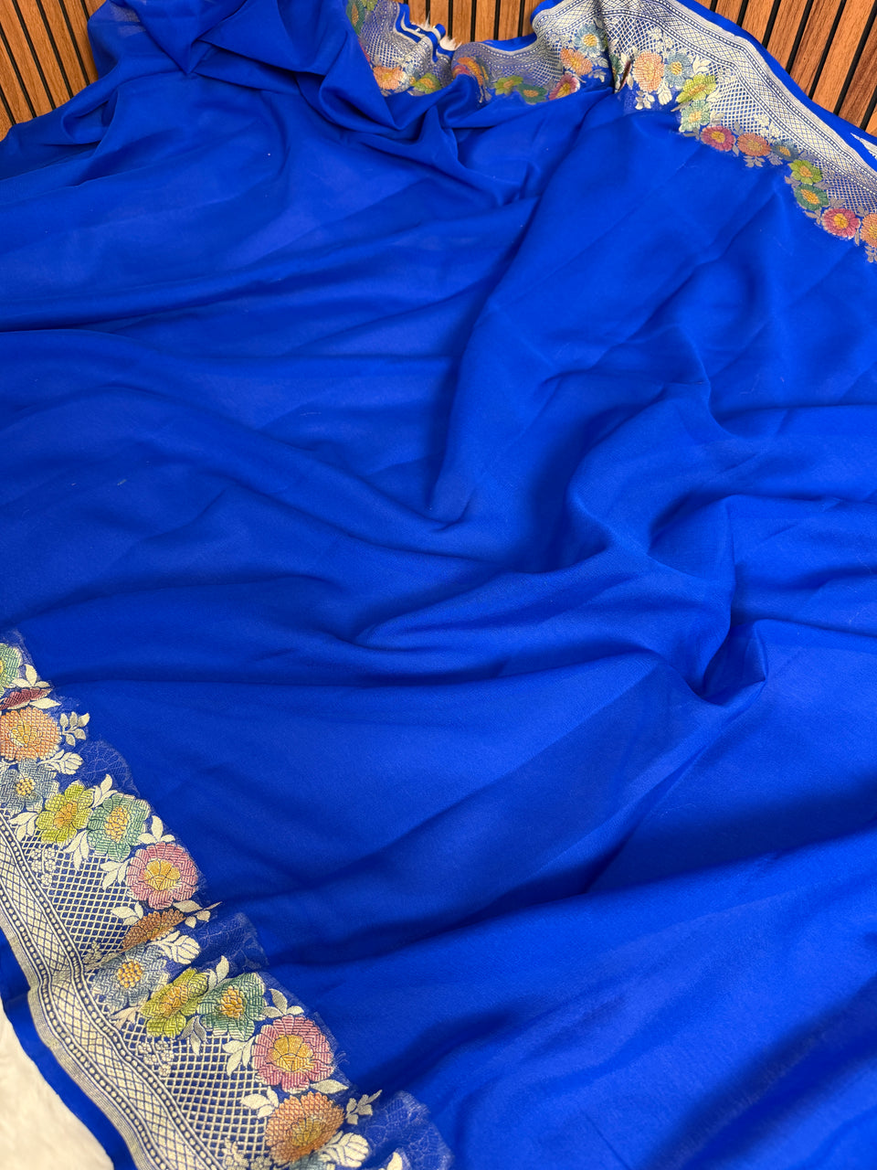 Royal Blue Pure Khaddi Chiffon Handloom Banarasi Saree