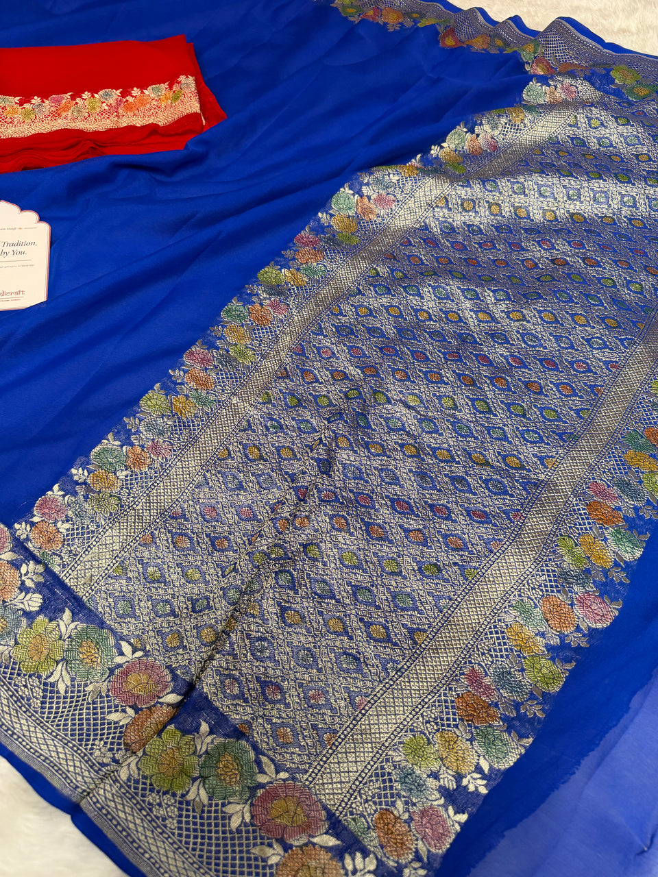 Royal Blue Pure Khaddi Chiffon Handloom Banarasi Saree